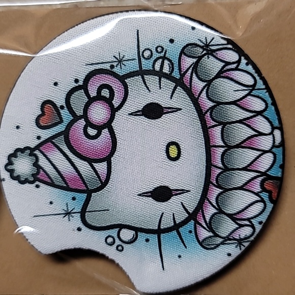 Kitty Clown Handmade Reuseable Neoprene Set of 2 Car Coasters - Picture 3 of 4